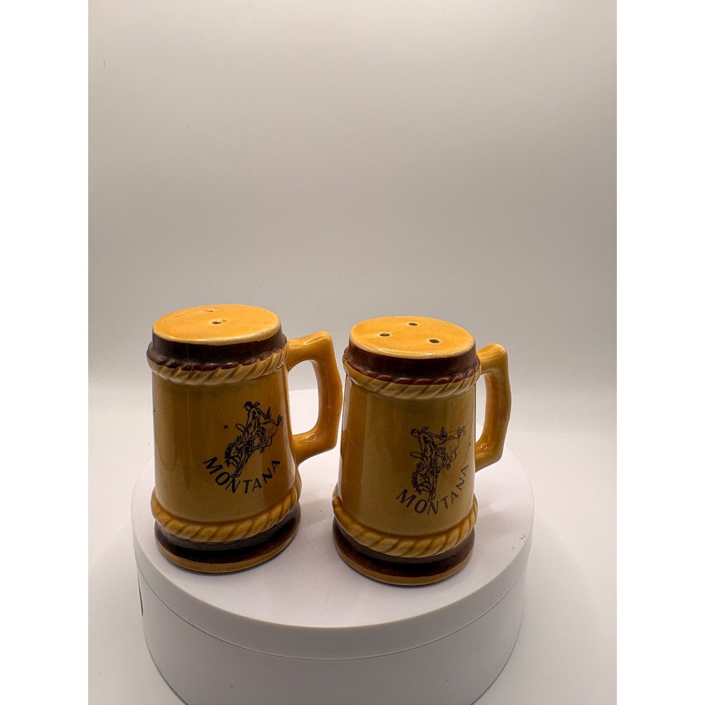 Vintage Montana Beer Stein Salt and Pepper Shakers Cowboy Bronco Western Decor